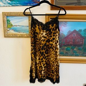 Natori Leopard Cheetah Animal Print Lace Trim Spaghetti Strap Slip Chemise, M